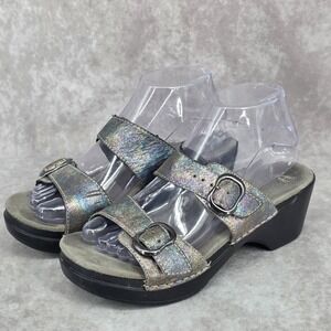 Dansko Womens 7.5-8/38 Sophie Platform Slide Strappy Sandals Silver Iridescent
